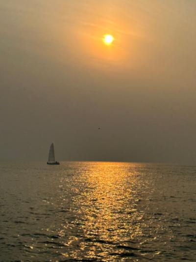 青岛-海面金光粼粼中帆船驶向落日