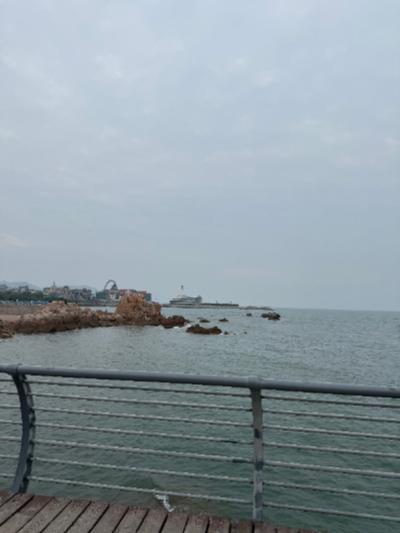 青岛-阴天的海边栏杆与礁石_2